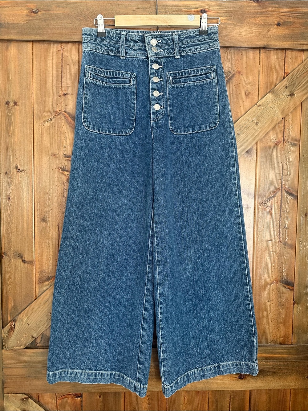 Free People Button-Front Wide-Leg Denim Jeans - Blue